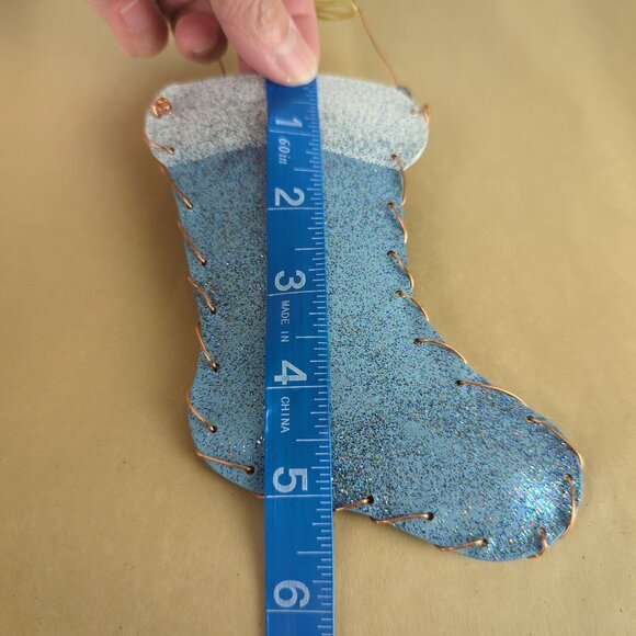 Handmade Blue White 2 Glitter Ornaments Christmas Stocking Metal 5.5" Snowflake - Picture 9 of 11